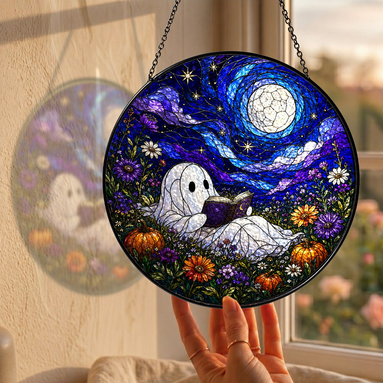 Ghost Reading Under a Starry Night Sky Stained Glass Suncatcher