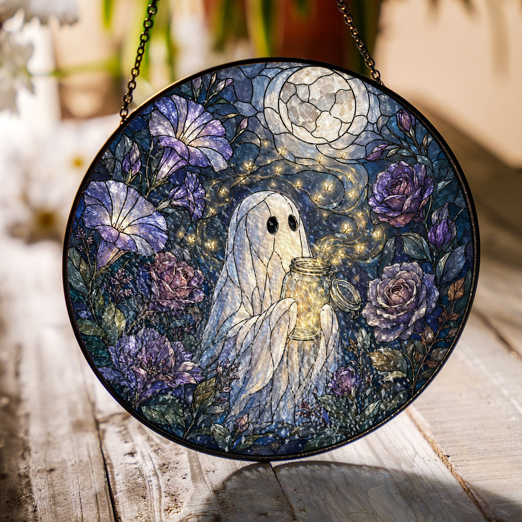Ghost with a Firefly Jar in a Moonlit Rose Garden Stained Glass Suncatcher