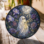 Ghost with a Firefly Jar in a Moonlit Rose Garden Stained Glass Suncatcher