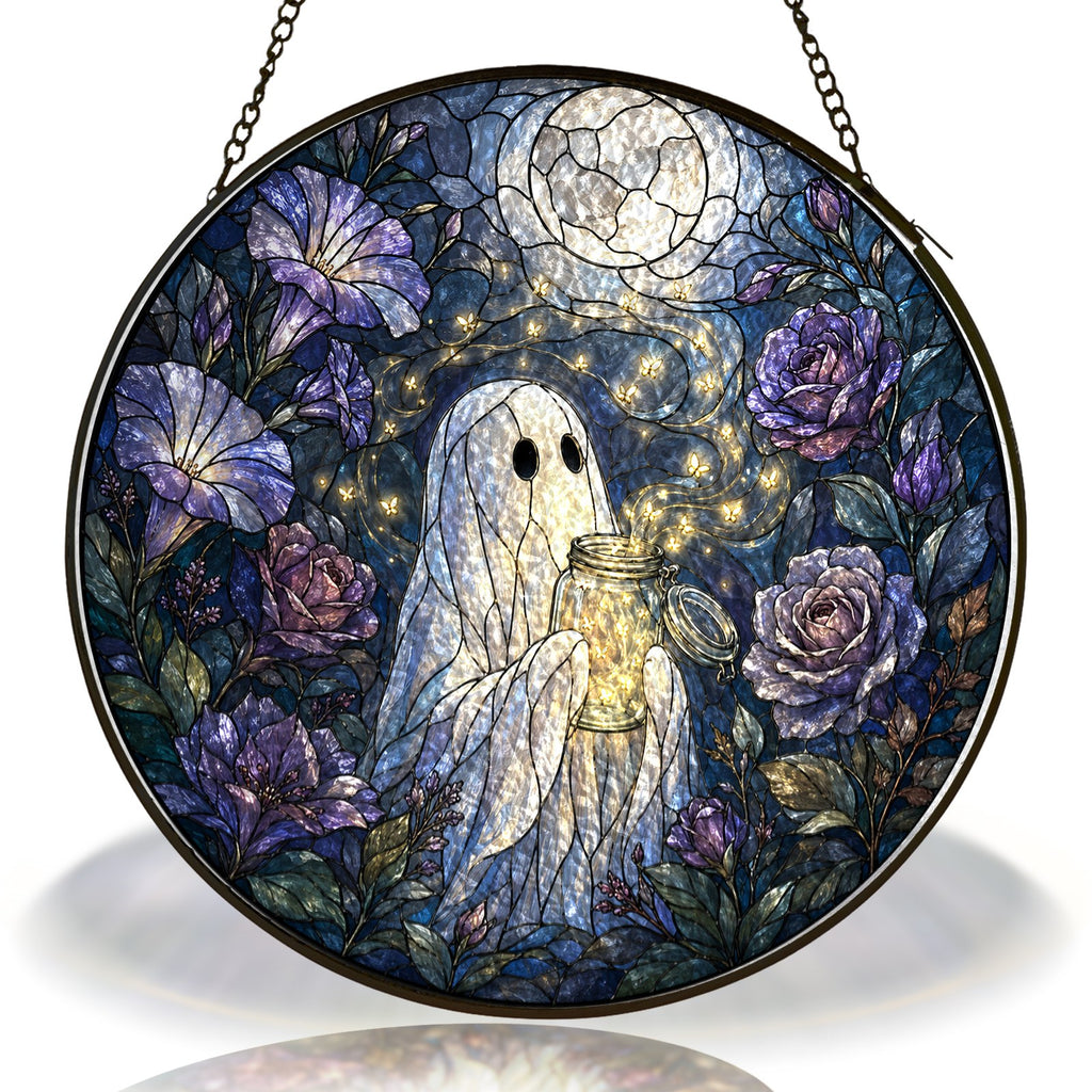 Ghost with a Firefly Jar in a Moonlit Rose Garden Stained Glass Suncatcher