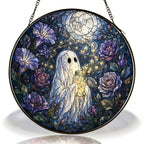 Ghost with a Firefly Jar in a Moonlit Rose Garden Stained Glass Suncatcher
