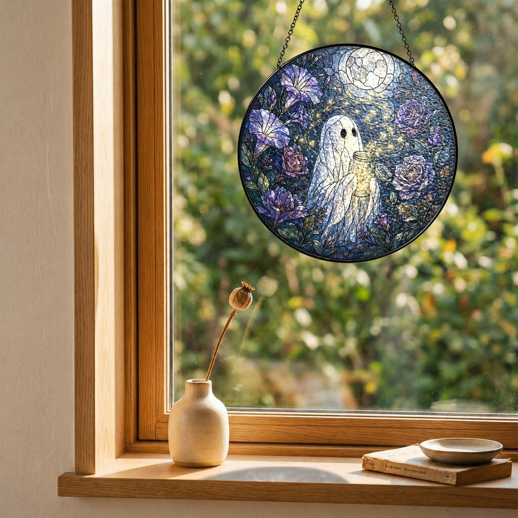 Ghost with a Firefly Jar in a Moonlit Rose Garden Stained Glass Suncatcher