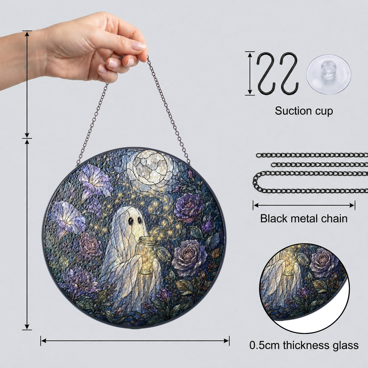 Ghost with a Firefly Jar in a Moonlit Rose Garden Stained Glass Suncatcher