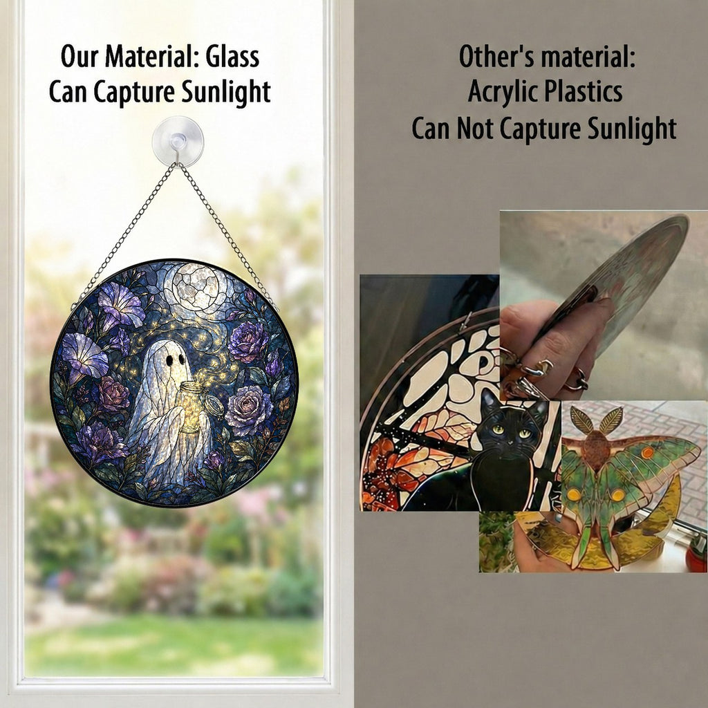 Ghost with a Firefly Jar in a Moonlit Rose Garden Stained Glass Suncatcher