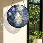 Ghost with a Firefly Jar in a Moonlit Rose Garden Stained Glass Suncatcher