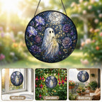 Ghost with a Firefly Jar in a Moonlit Rose Garden Stained Glass Suncatcher