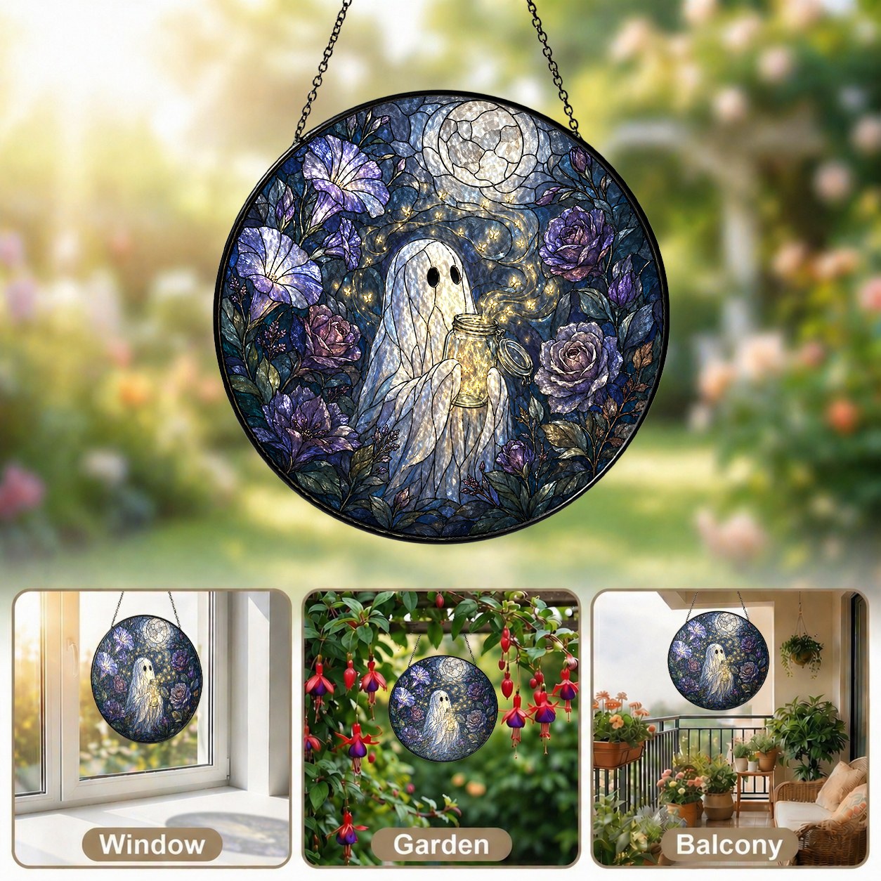 Ghost with a Firefly Jar in a Moonlit Rose Garden Stained Glass Suncatcher