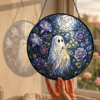 Ghost with a Firefly Jar in a Moonlit Rose Garden Stained Glass Suncatcher