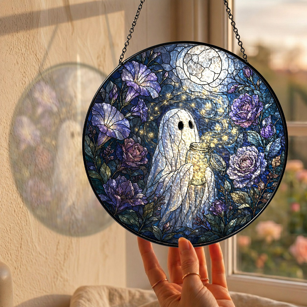 Ghost with a Firefly Jar in a Moonlit Rose Garden Stained Glass Suncatcher