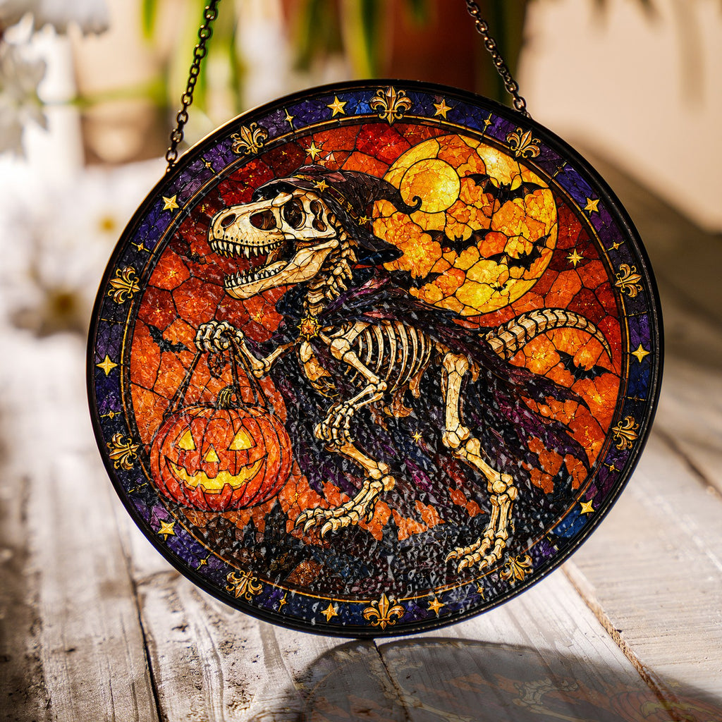 T-Rex Skeleton Trick-or-Treating with a Pumpkin Pail Stained Glass Suncatcher