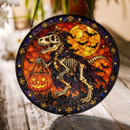 T-Rex Skeleton Trick-or-Treating with a Pumpkin Pail Stained Glass Suncatcher