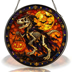T-Rex Skeleton Trick-or-Treating with a Pumpkin Pail Stained Glass Suncatcher