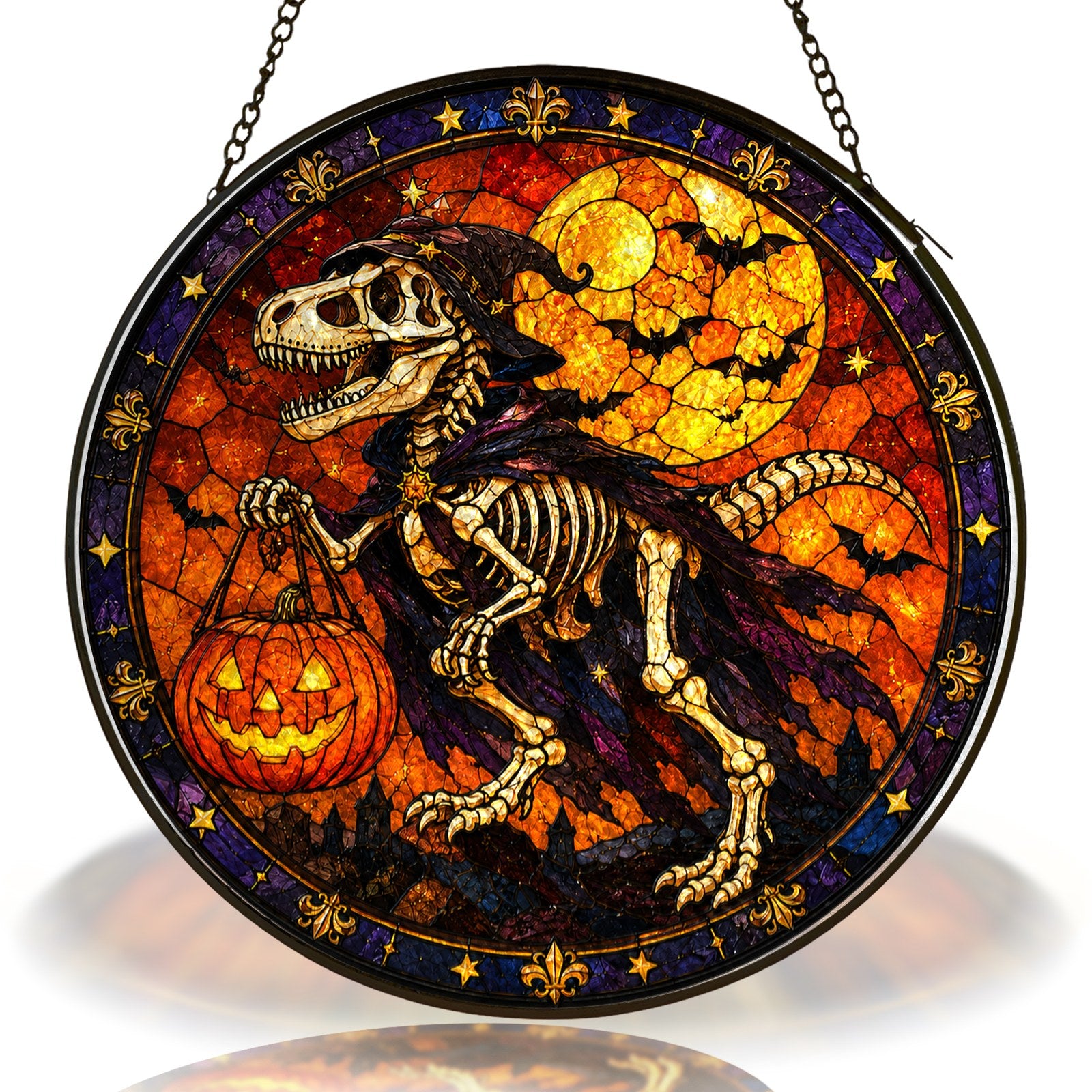 T-Rex Skeleton Trick-or-Treating with a Pumpkin Pail Stained Glass Suncatcher