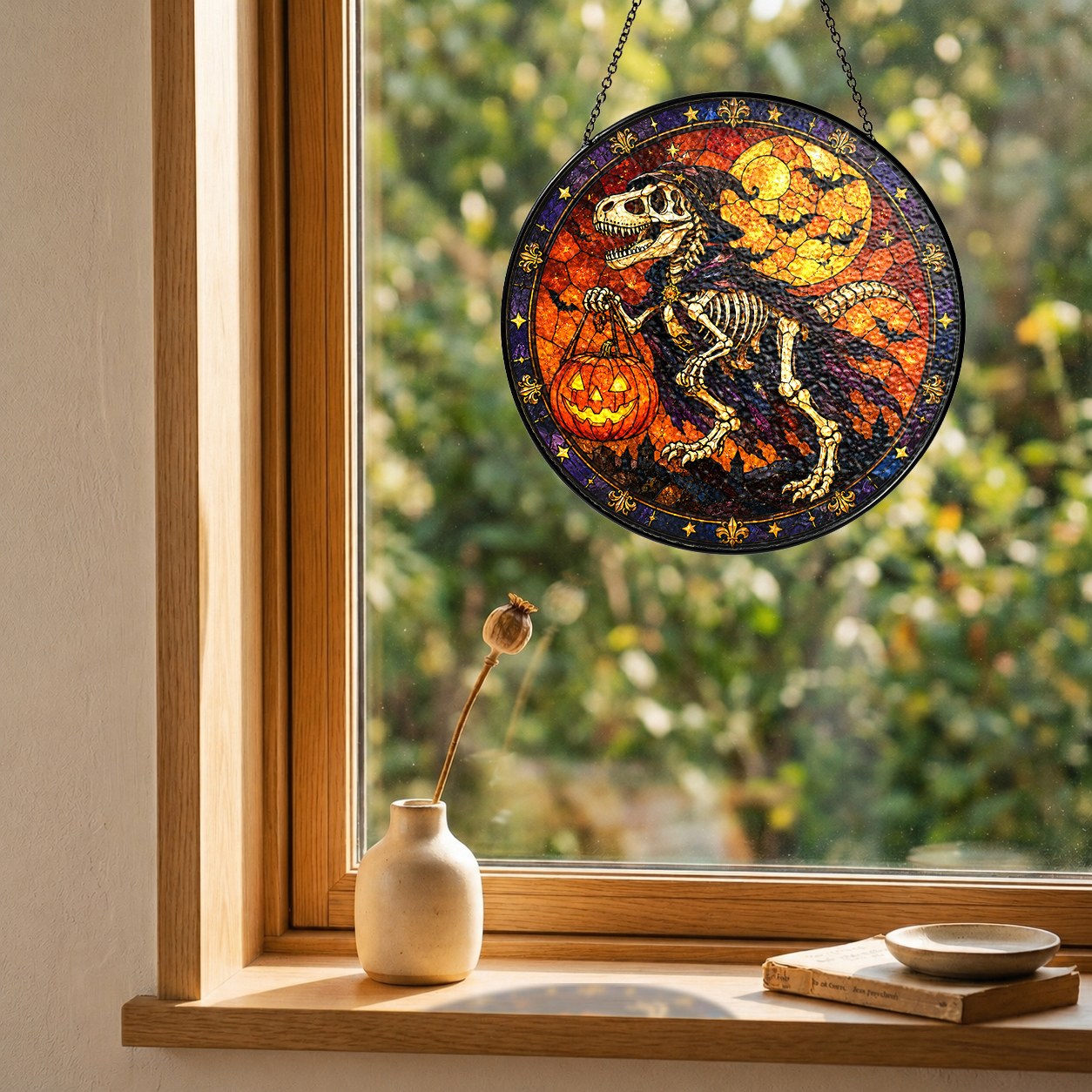 T-Rex Skeleton Trick-or-Treating with a Pumpkin Pail Stained Glass Suncatcher