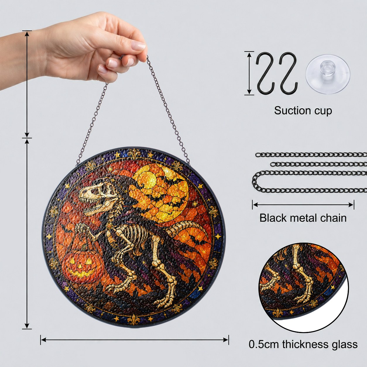 T-Rex Skeleton Trick-or-Treating with a Pumpkin Pail Stained Glass Suncatcher