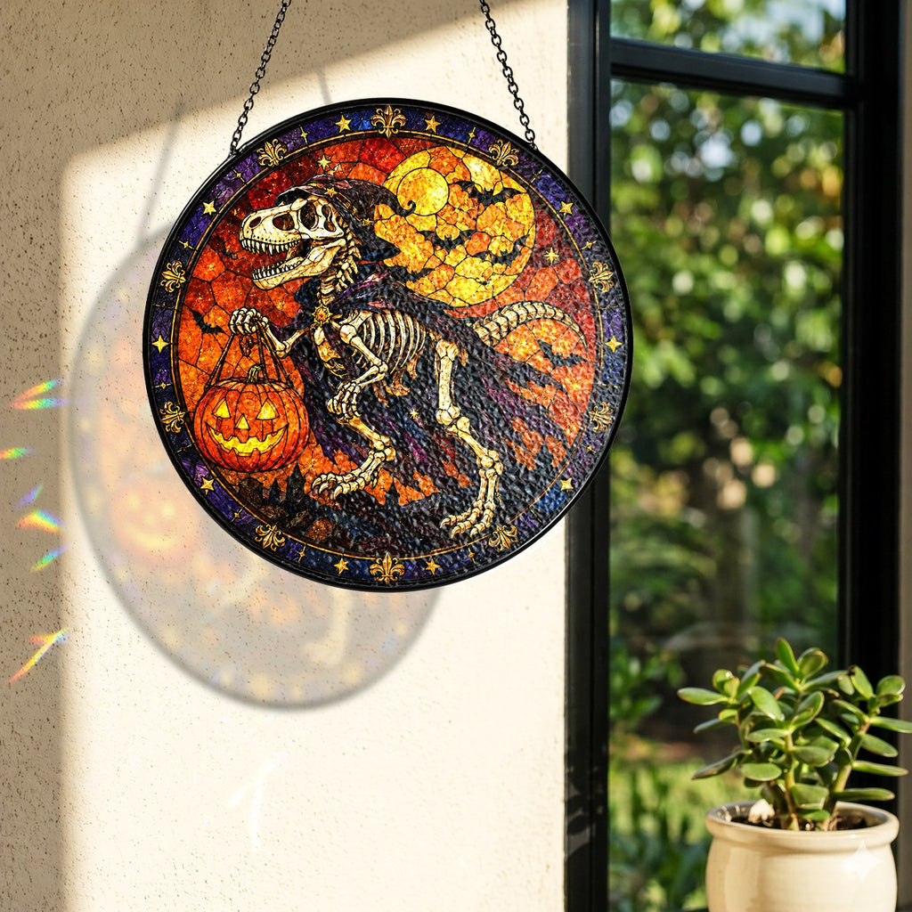 T-Rex Skeleton Trick-or-Treating with a Pumpkin Pail Stained Glass Suncatcher