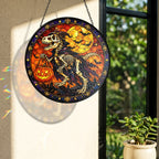 T-Rex Skeleton Trick-or-Treating with a Pumpkin Pail Stained Glass Suncatcher
