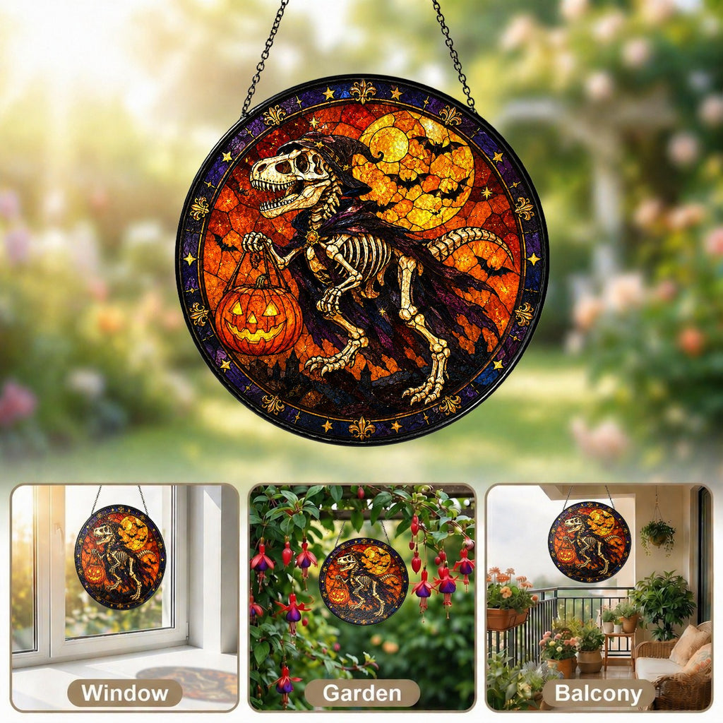 T-Rex Skeleton Trick-or-Treating with a Pumpkin Pail Stained Glass Suncatcher
