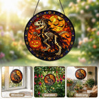 T-Rex Skeleton Trick-or-Treating with a Pumpkin Pail Stained Glass Suncatcher