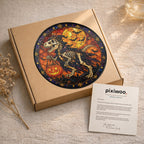T-Rex Skeleton Trick-or-Treating with a Pumpkin Pail Stained Glass Suncatcher