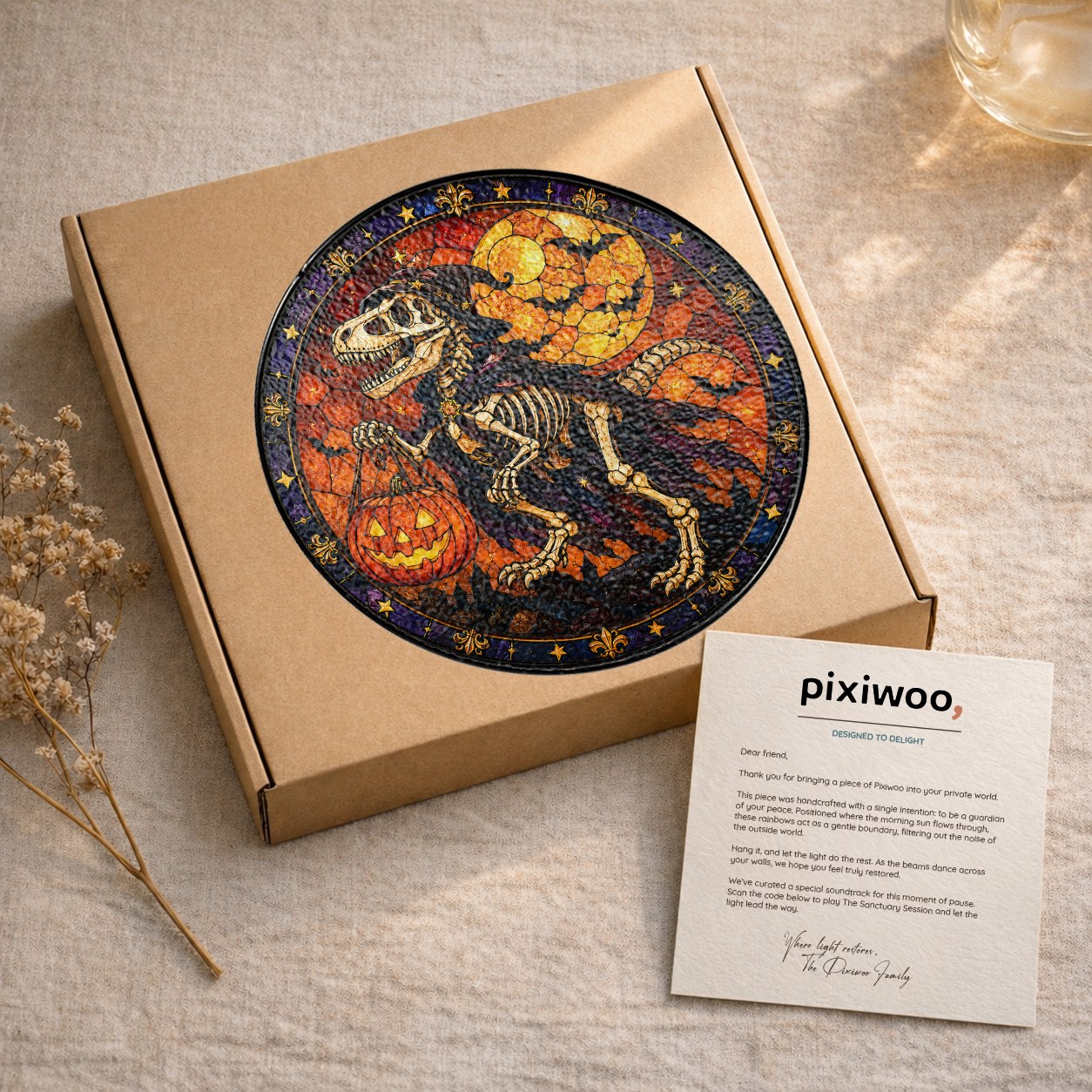 T-Rex Skeleton Trick-or-Treating with a Pumpkin Pail Stained Glass Suncatcher