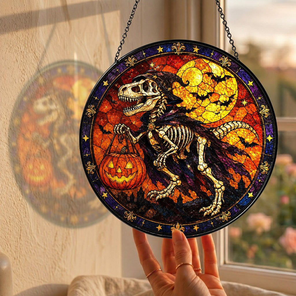 T-Rex Skeleton Trick-or-Treating with a Pumpkin Pail Stained Glass Suncatcher