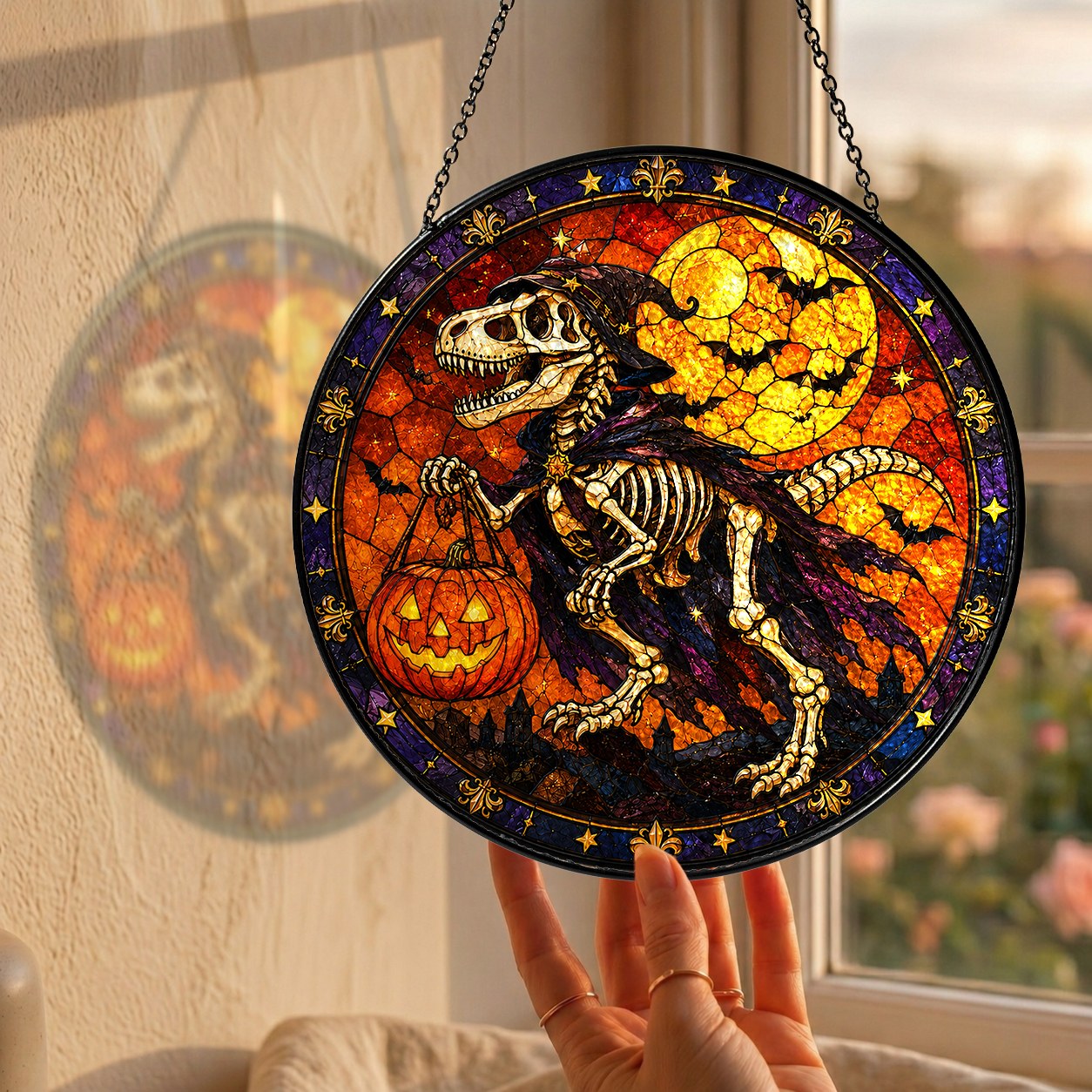 T-Rex Skeleton Trick-or-Treating with a Pumpkin Pail Stained Glass Suncatcher