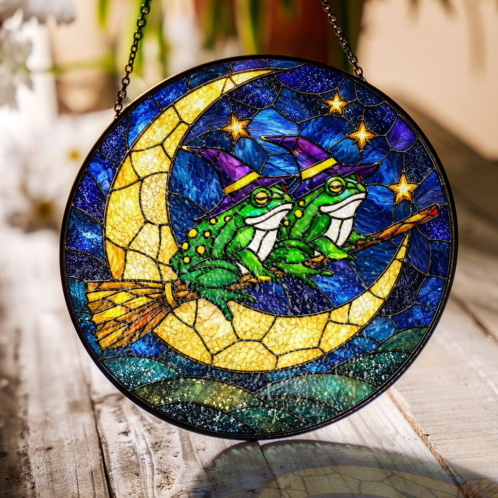 Two Witch Frogs on a Broomstick Crescent Moon Stained Glass Suncatcher