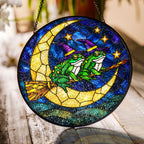 Two Witch Frogs on a Broomstick Crescent Moon Stained Glass Suncatcher