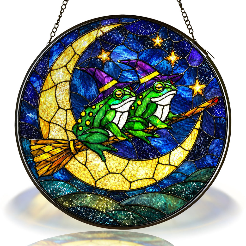 Two Witch Frogs on a Broomstick Crescent Moon Stained Glass Suncatcher