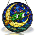 Two Witch Frogs on a Broomstick Crescent Moon Stained Glass Suncatcher
