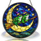 Two Witch Frogs on a Broomstick Crescent Moon Stained Glass Suncatcher