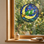 Two Witch Frogs on a Broomstick Crescent Moon Stained Glass Suncatcher
