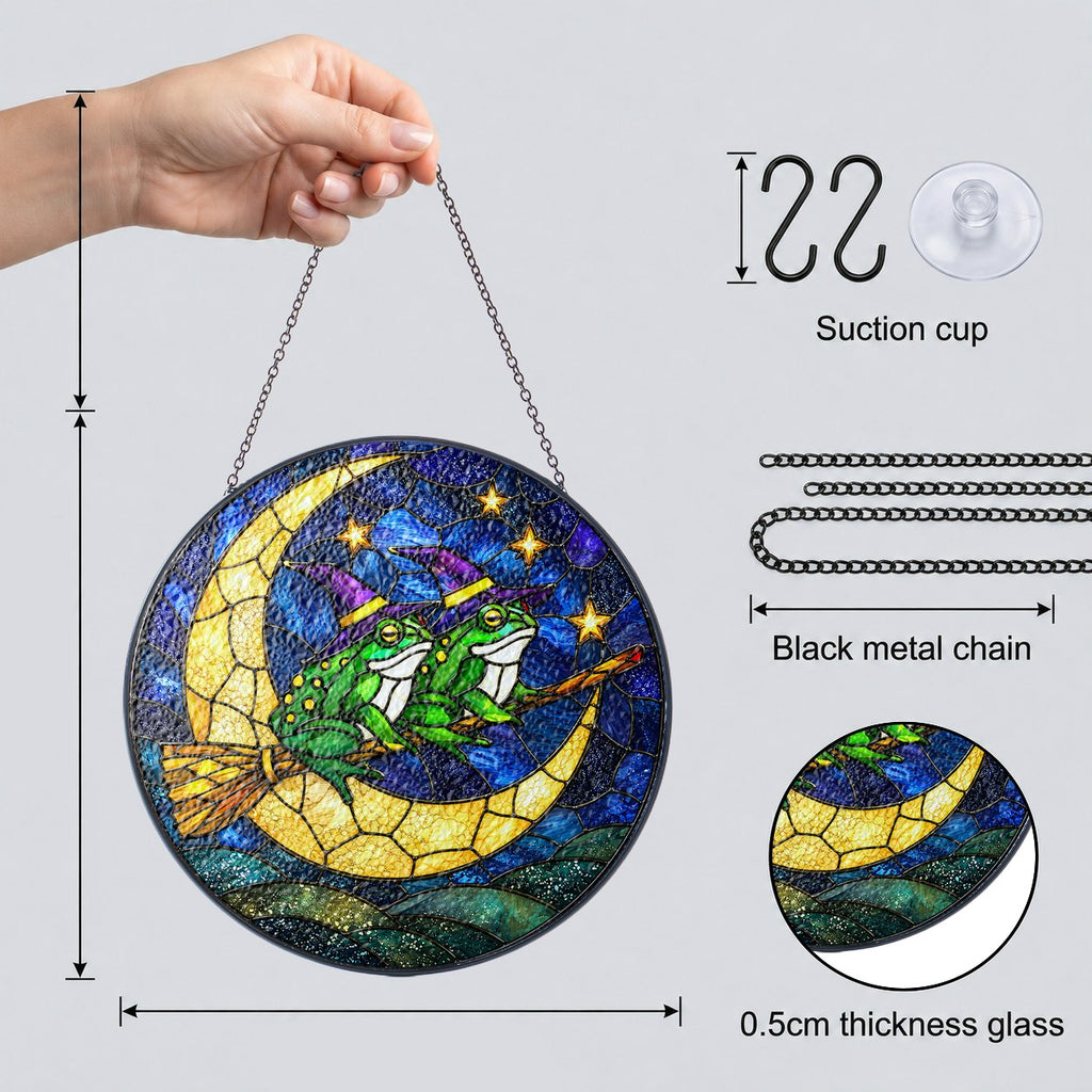 Two Witch Frogs on a Broomstick Crescent Moon Stained Glass Suncatcher