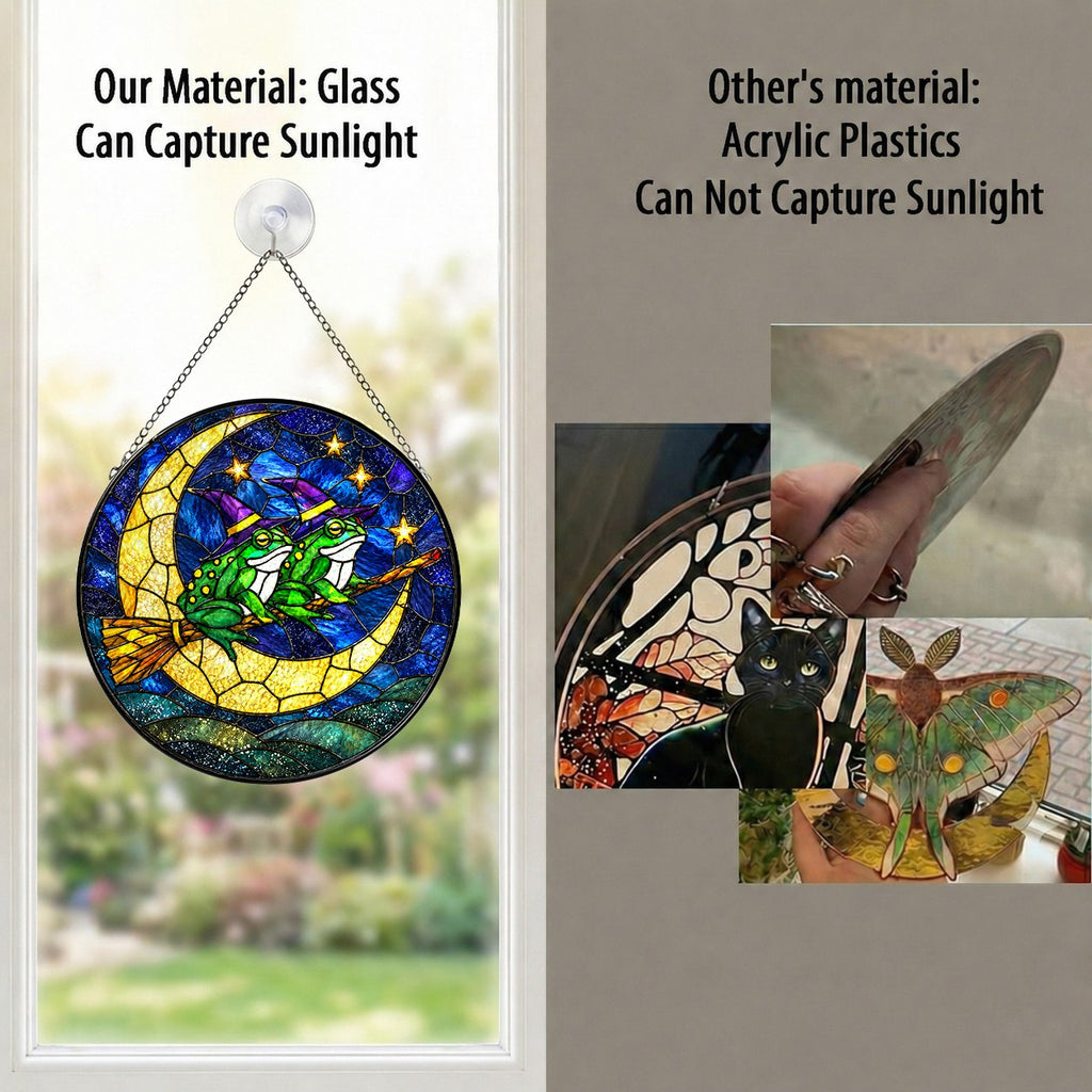 Two Witch Frogs on a Broomstick Crescent Moon Stained Glass Suncatcher