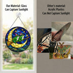 Two Witch Frogs on a Broomstick Crescent Moon Stained Glass Suncatcher