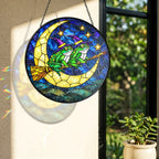Two Witch Frogs on a Broomstick Crescent Moon Stained Glass Suncatcher