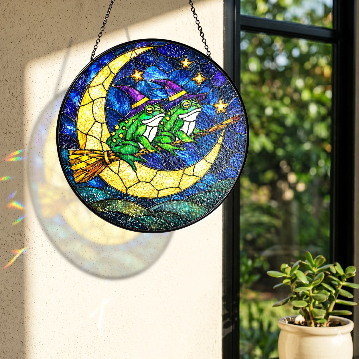 Two Witch Frogs on a Broomstick Crescent Moon Stained Glass Suncatcher