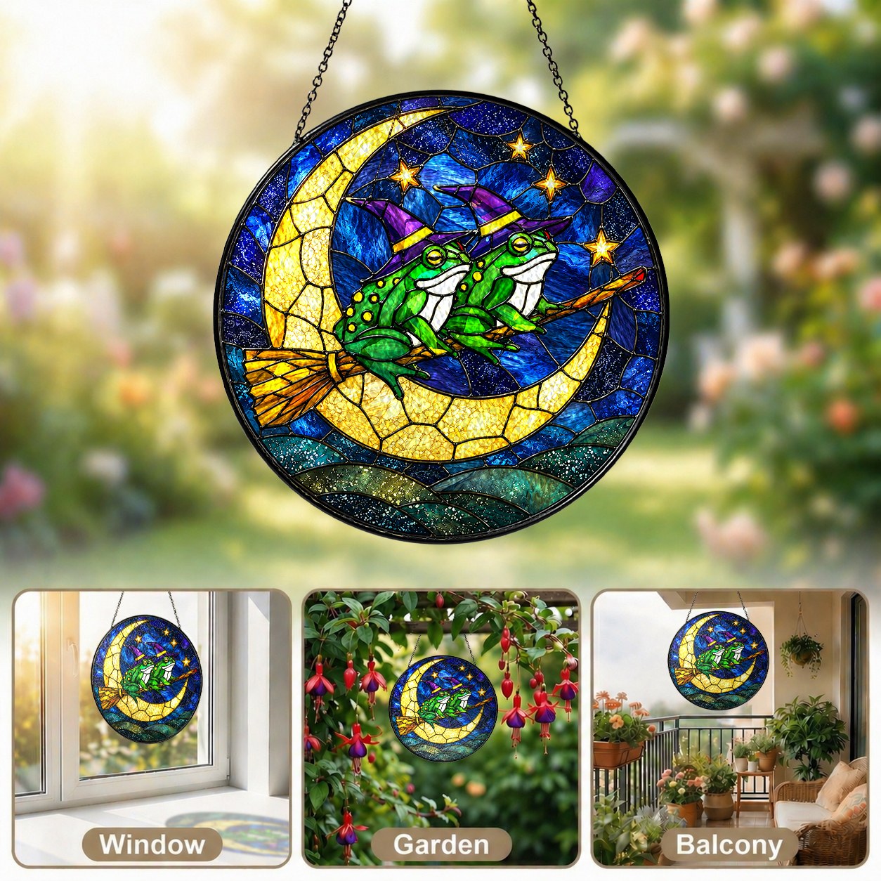 Two Witch Frogs on a Broomstick Crescent Moon Stained Glass Suncatcher