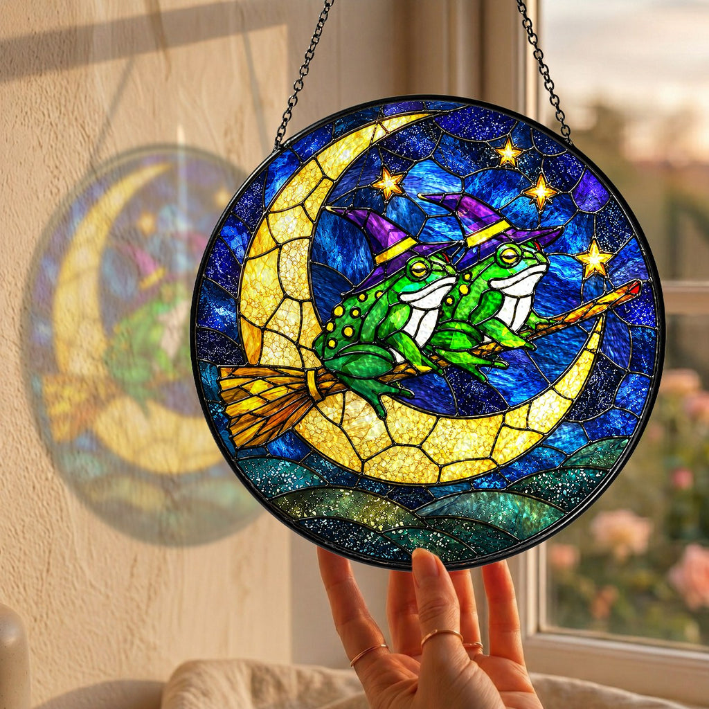 Two Witch Frogs on a Broomstick Crescent Moon Stained Glass Suncatcher