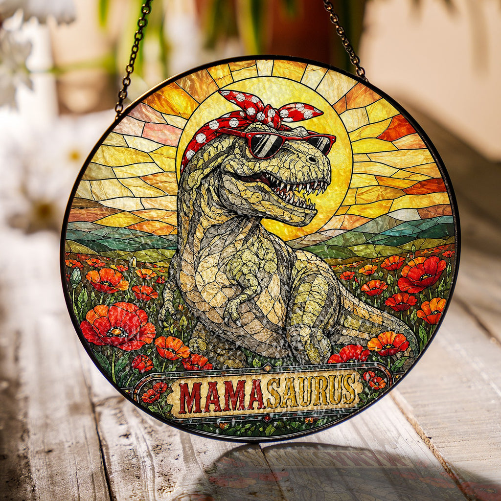 Mamasaurus T-Rex in a Poppy Field Stained Glass Suncatcher