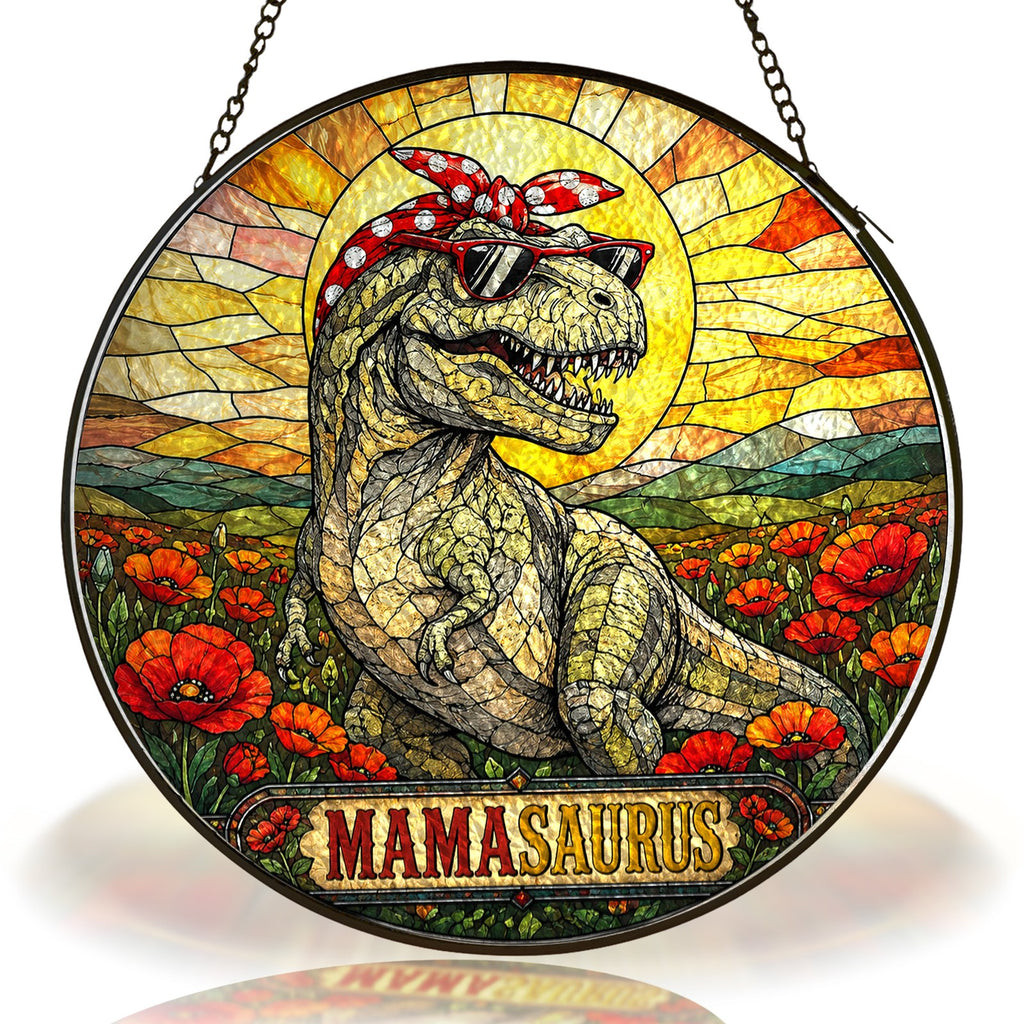 Mamasaurus T-Rex in a Poppy Field Stained Glass Suncatcher