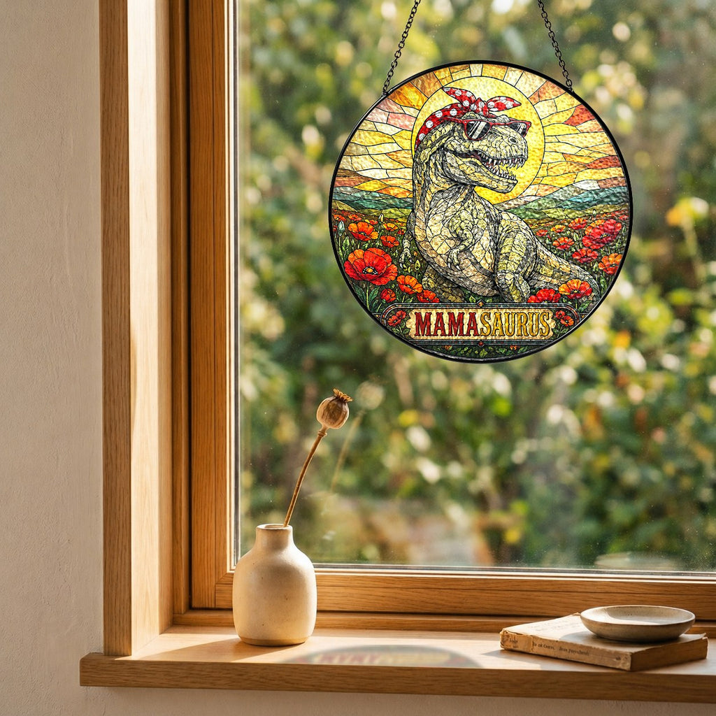 Mamasaurus T-Rex in a Poppy Field Stained Glass Suncatcher