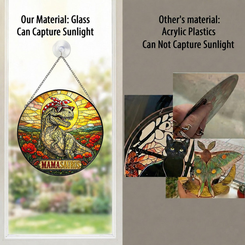 Mamasaurus T-Rex in a Poppy Field Stained Glass Suncatcher
