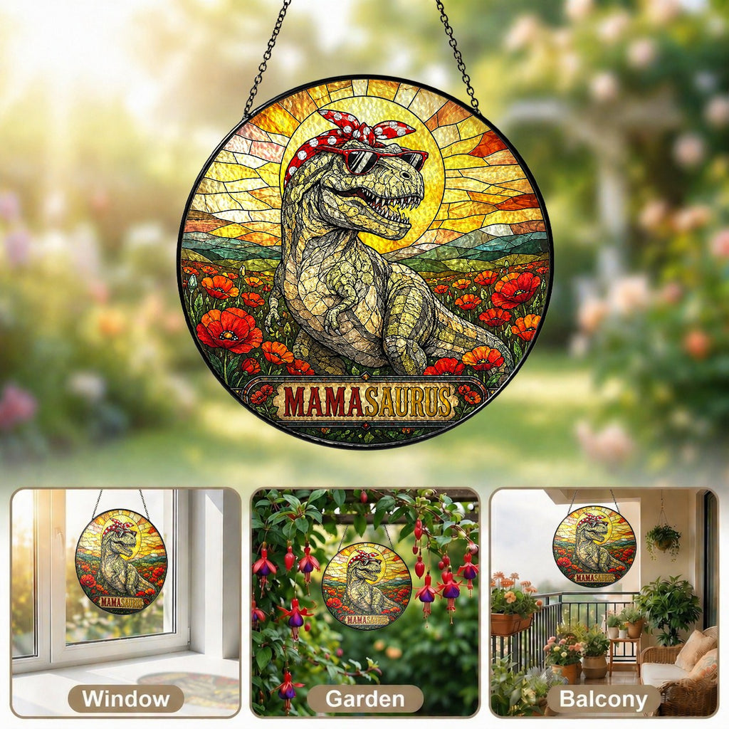 Mamasaurus T-Rex in a Poppy Field Stained Glass Suncatcher