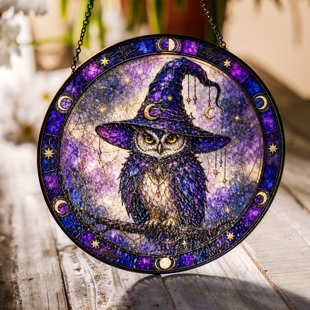 Wise Owl in a Witch Hat Moon Phase Stained Glass Suncatcher