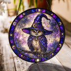 Wise Owl in a Witch Hat Moon Phase Stained Glass Suncatcher