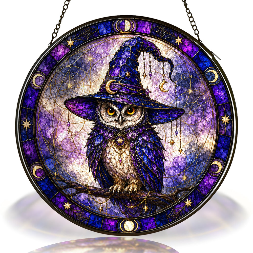 Wise Owl in a Witch Hat Moon Phase Stained Glass Suncatcher