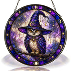 Wise Owl in a Witch Hat Moon Phase Stained Glass Suncatcher