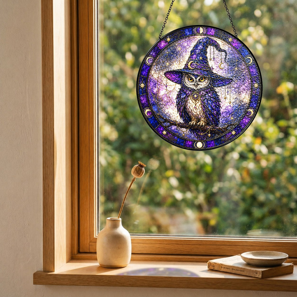 Wise Owl in a Witch Hat Moon Phase Stained Glass Suncatcher